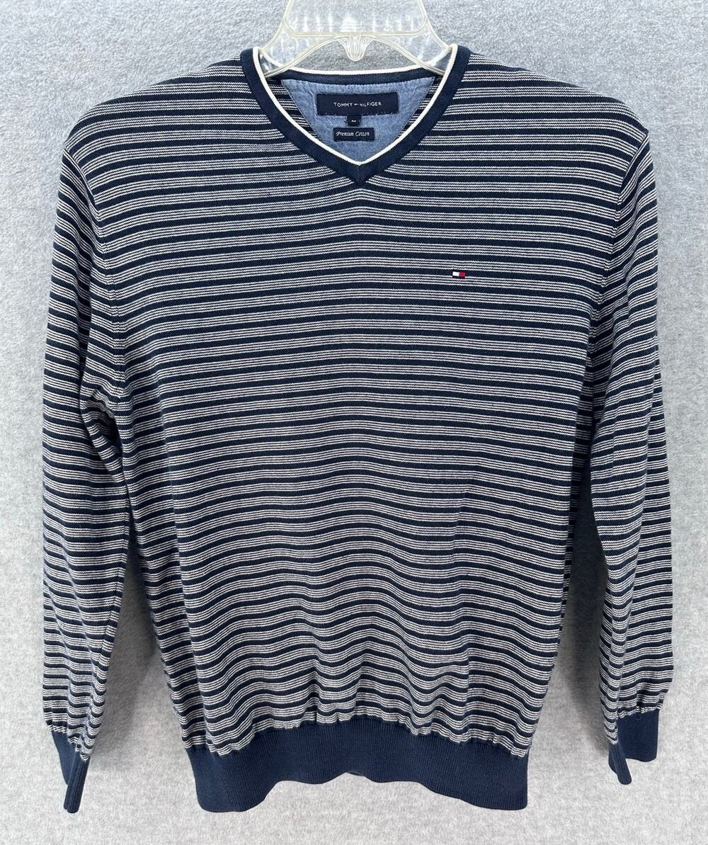 Tommy Hilfiger Men's M Striped Navy V Neck Pullover Cotton Sweater Cuffed Sleeve